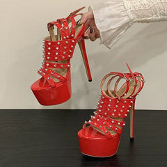 Design Metal Rivet Ankle Strap Platform Sandal Women Sexy Peep Toe 17CM Red High Heels Party Strip Pole Dance Shoe