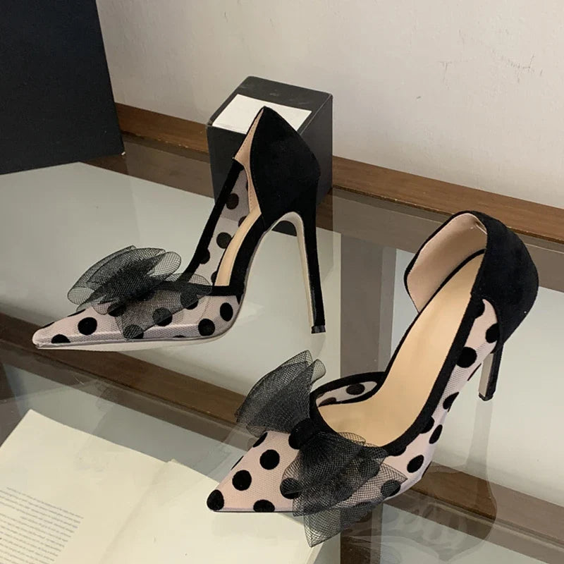 Red Butterfly Knot Pointed Toe Slingback High Heels Wedding Prom Shoes Polka Dot Mesh Pumps