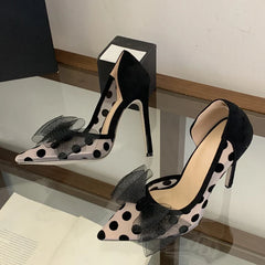 Red Butterfly Knot Pointed Toe Slingback High Heels Wedding Prom Shoes Polka Dot Mesh Pumps