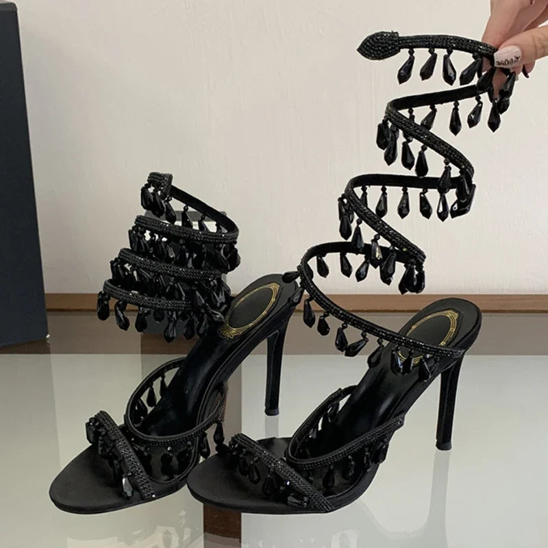 Elegant Women Wedding Banquet Shoes Crystal Pendant Ankle Strap Stiletto Sandal Sexy Open Toe Stripper Heels White