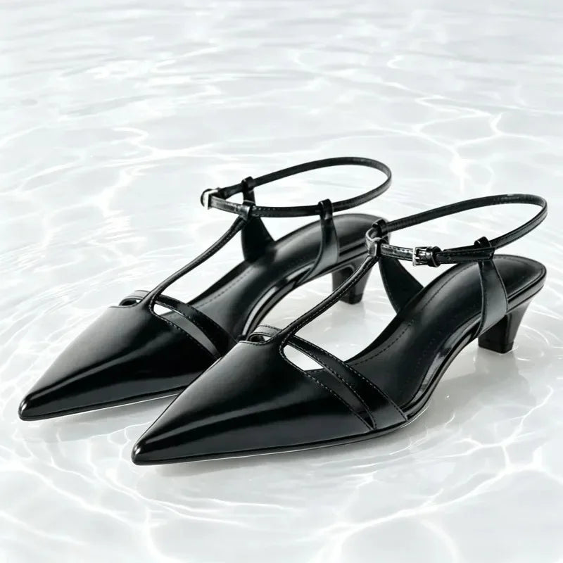 Sexy Pointed Toe T-strap Low Heel Pumps