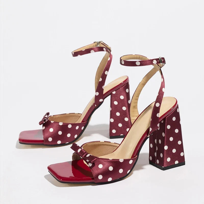 Summer Polka Dot Silk Thick High Heels Gladiator Sandals