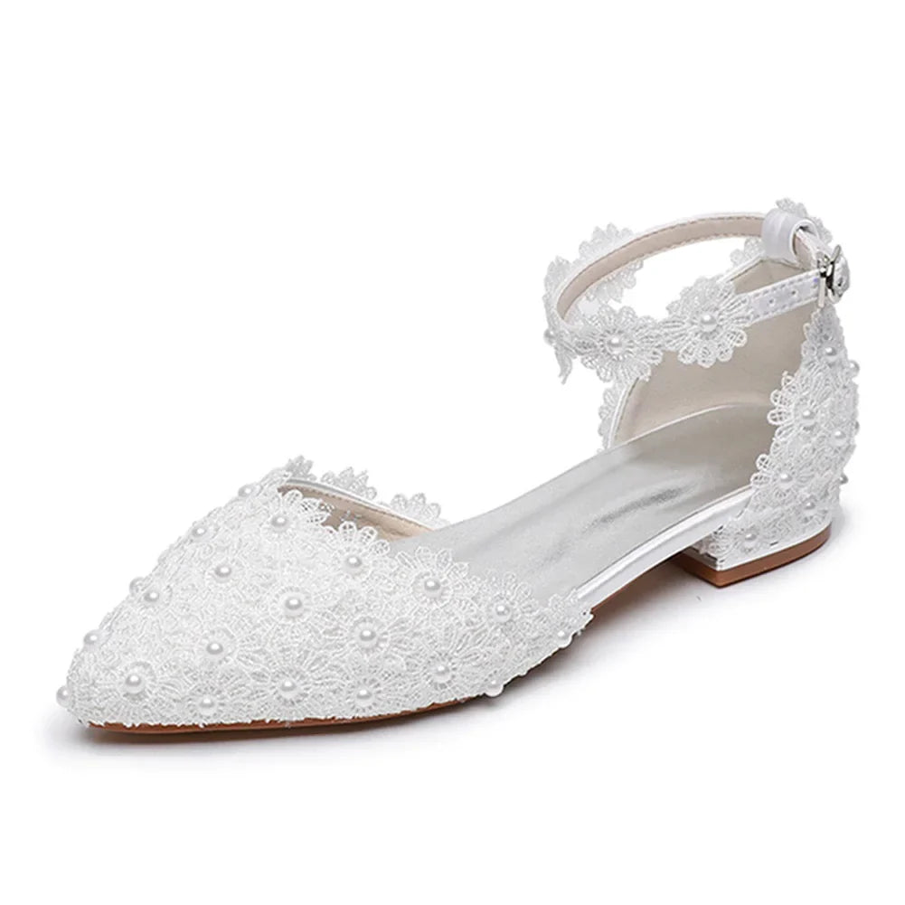 pointed toe hollow white pearl lace flower square heel wedding shoes banquet large size flat women sandals