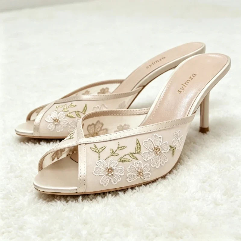 Black Mesh Embroidered Design Stiletto Slippers