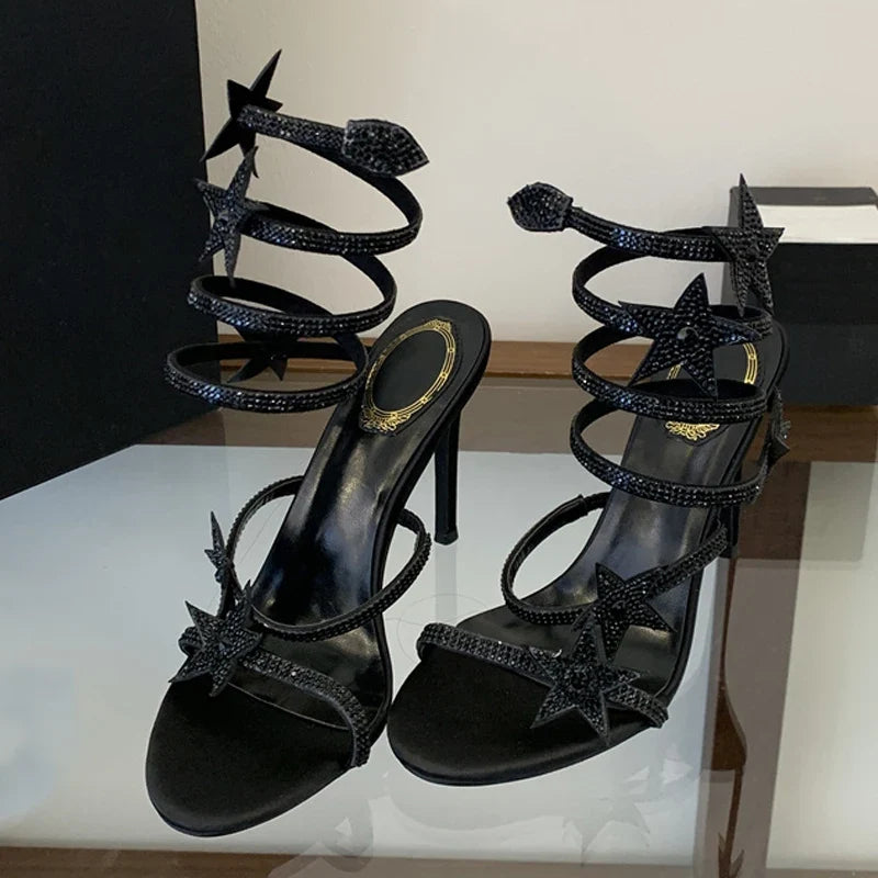 Rhinestone Pentagram Shape Ankle Strap Sandals