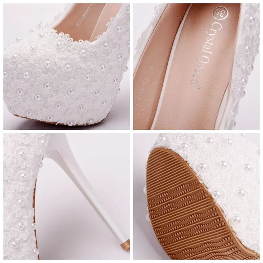 Spring round toe shallow pearl lace flower waterproof table wedding shoes banquet dress large size thin high-heeled women's shoe