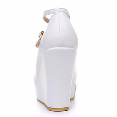 Wedge heel shoes spring white PU round toe cross-band wedding shoes