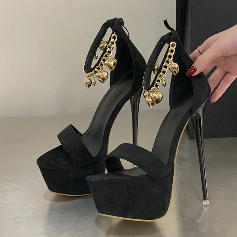 Design Bell Chain Ankle Zip Cover Strap Women Sexy 16CM Sandal Platform High Heels Party Club Stripper Shoes Black