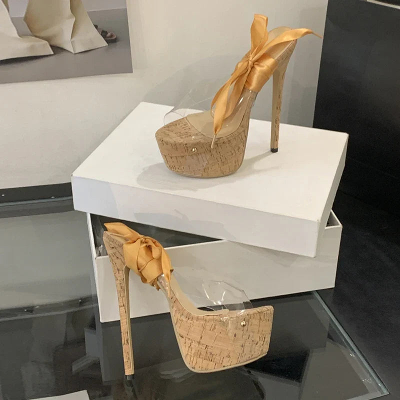 Sexy Yellow Silk Ankle Strap Platform Sandals