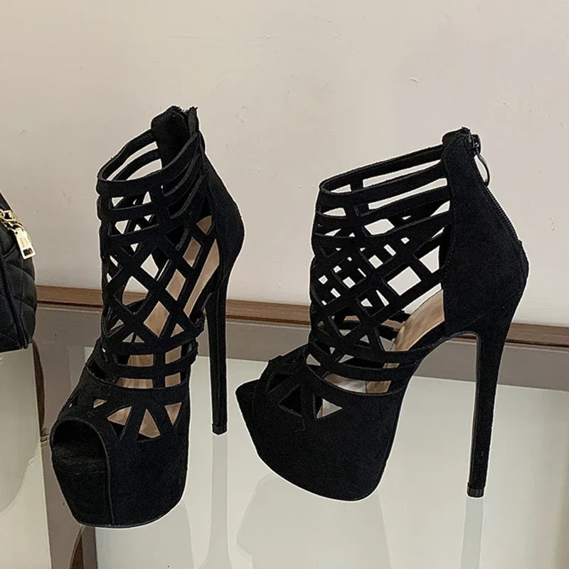 Rome Style Hollow Out Narrow Band Peep Toe Platform High Heels Sexy Party Culb Stripper Shoes Pumps