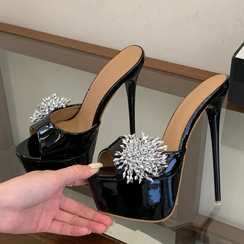 Summer 16CM Women Super High Heels Slipper Sexy Peep Toe Party Stripper Shoes Black Apricot Patent Leather Platform Sandal