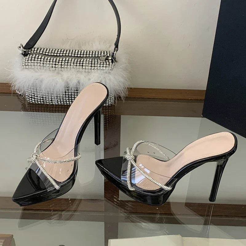 Rhinestone Cross Strap Transparent Slippers