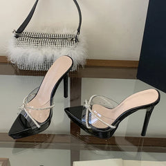 Rhinestone Cross Strap Transparent Slippers