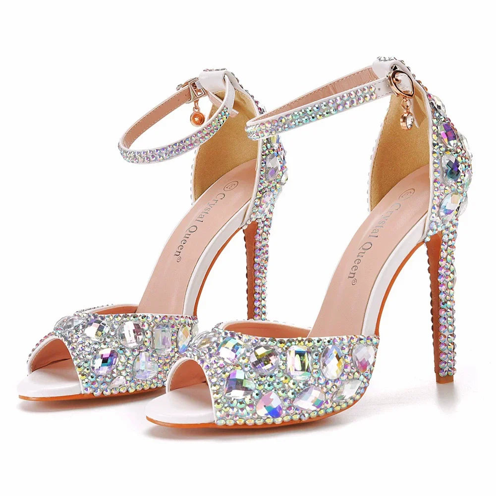 Summer round-toed fish mouth mesh bow crystal wedding shoes banquet dress large size thin high-heeled women's sandals