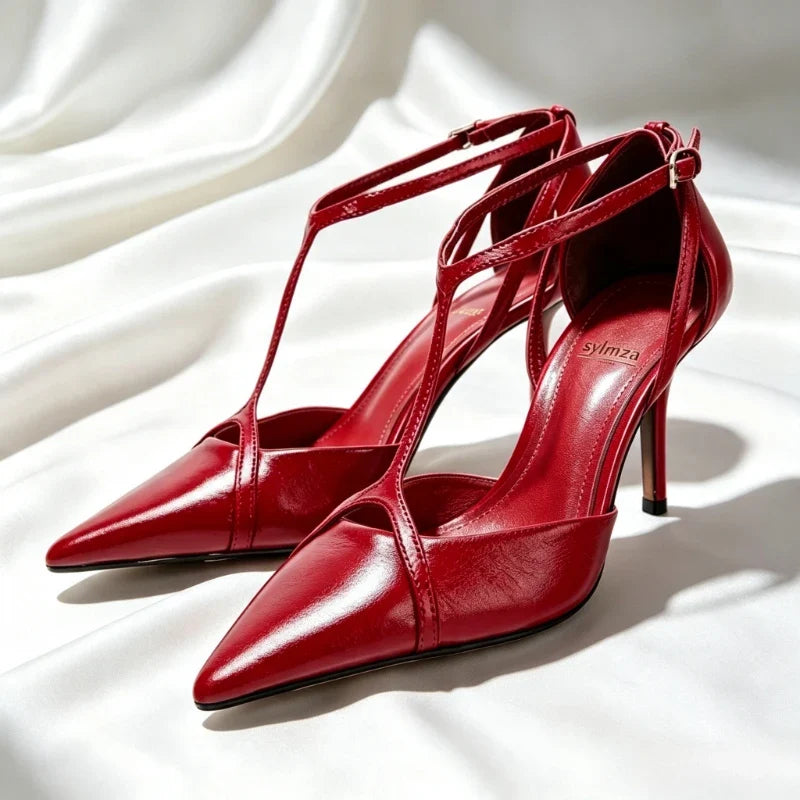 Luxury Pointed Toe Patent Leather T Strap Pumps