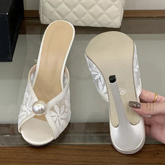 Handmade Embroidery Flower Mesh Women's Thin Heeled Slippers White Pearl Designer Slides Sandals