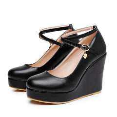 Wedge heel shoes spring white PU round toe cross-band wedding shoes