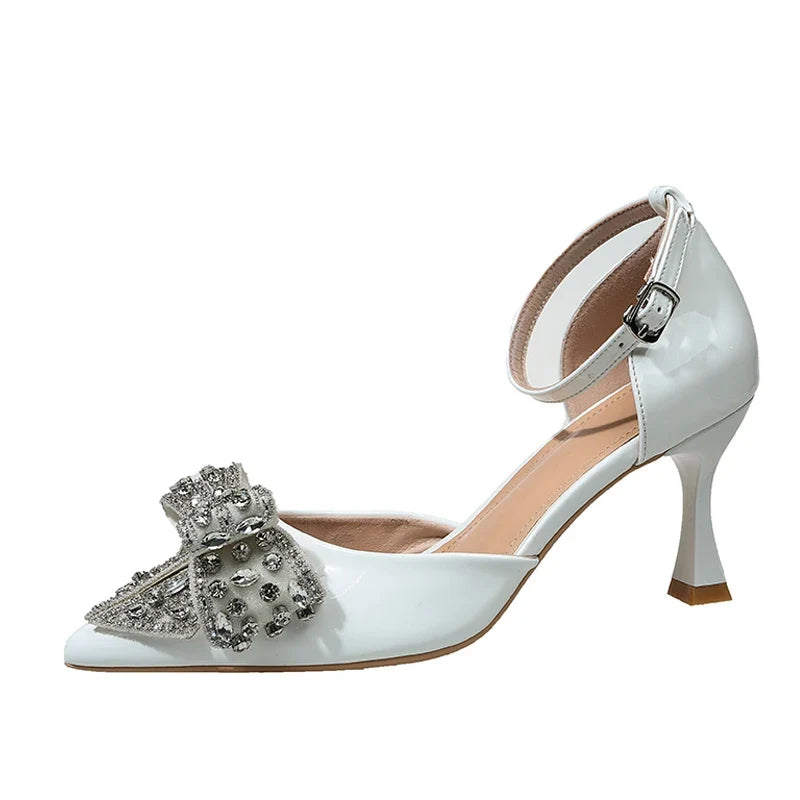 Rhinestone Bowknot High Heels Wedding Party Prom Shoes Elegant Pointed Toe Slingback Sandals