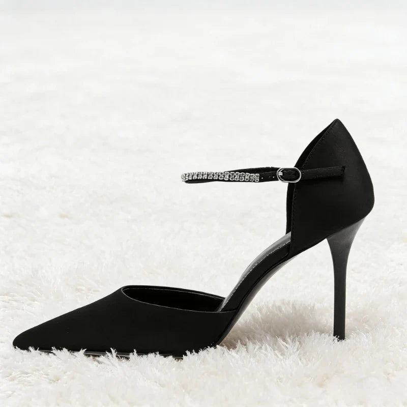 Black Pointed-Toe Satin High Heels