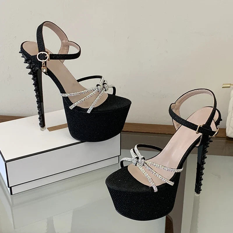 Summer Rhinestone Narrow Band Women Sexy 17CM Rivet Stiletto Sandals