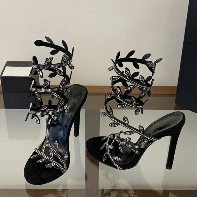 Summer Crystal Leaf Ankle Snake Twine Around Strap Sandals