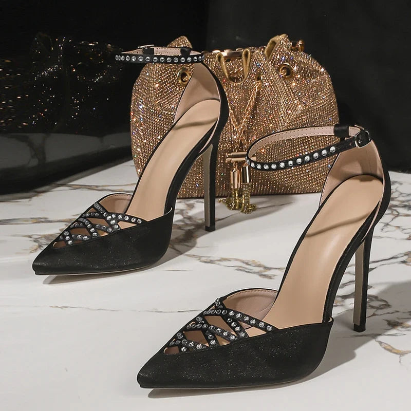 Designer Hollow Crystal Pointed Toe Black High Heels Sandals