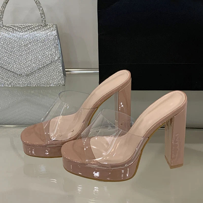 Summer Square Toe 12CM Thick High Heels Platform Slippers Ladies Chunky Sandals