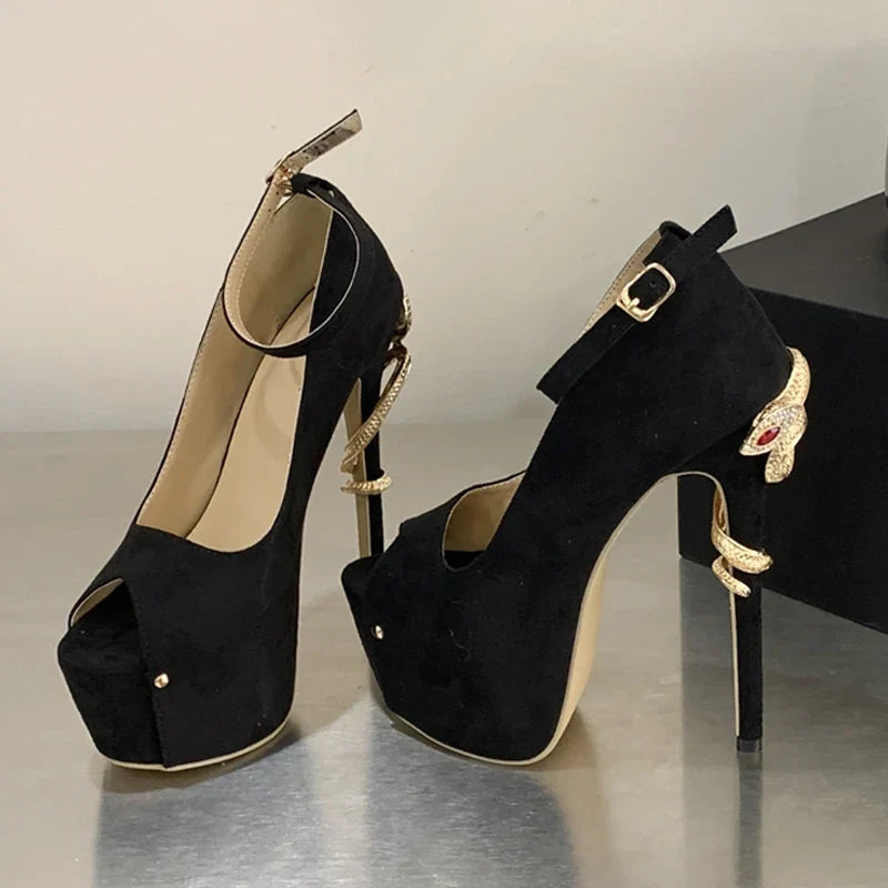 Design Serpentine Surround Buckle Strap Peep Toe Woman Pumps