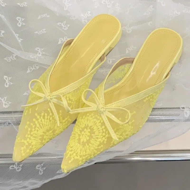 Sweet Bow Embroidered Flower Low Heel