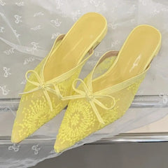 Sweet Bow Embroidered Flower Low Heel