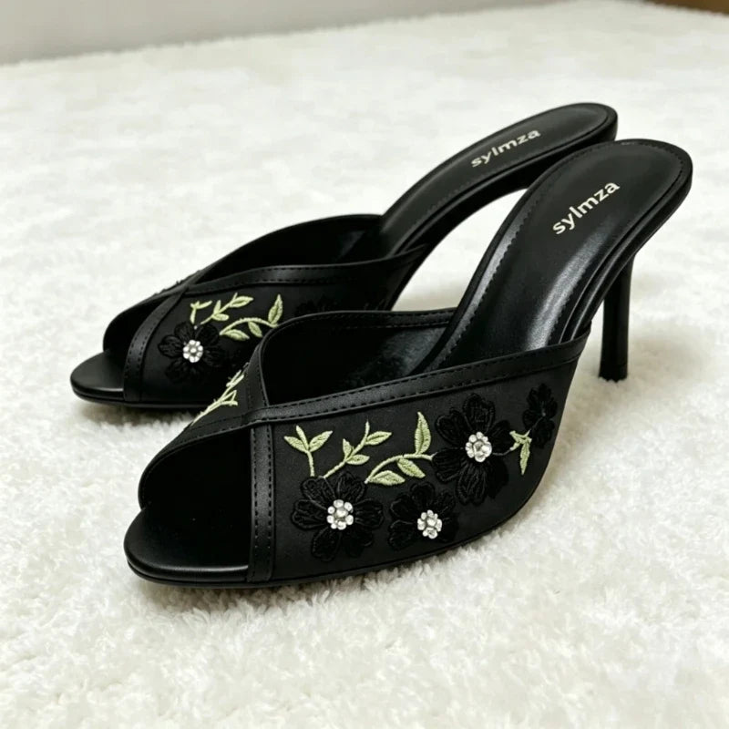 Black Mesh Embroidered Design Stiletto Slippers