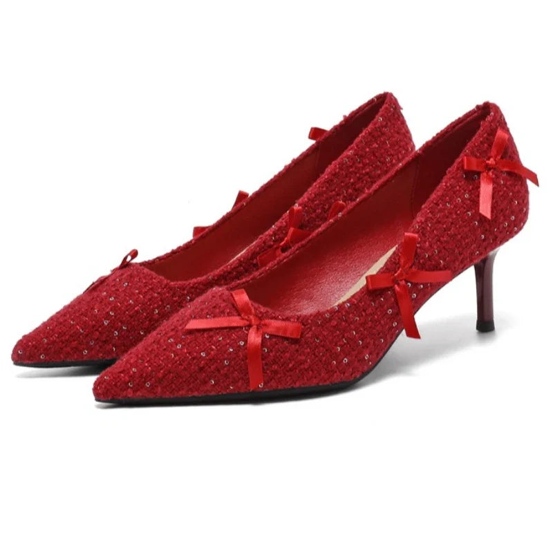 Red Pointed Toe Bow Decorated High Heels