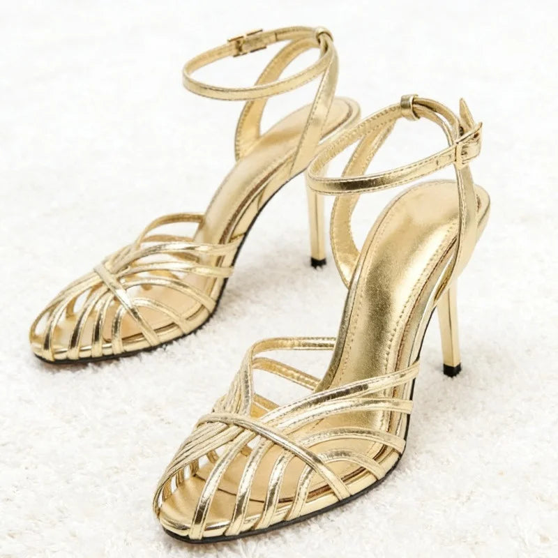 Gold Hollow Narrow Band High-Heel Sandals