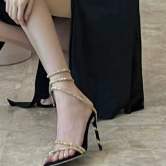 European and American Summer High Heels Thin Heel Rhinestone One Word Belt Sandals