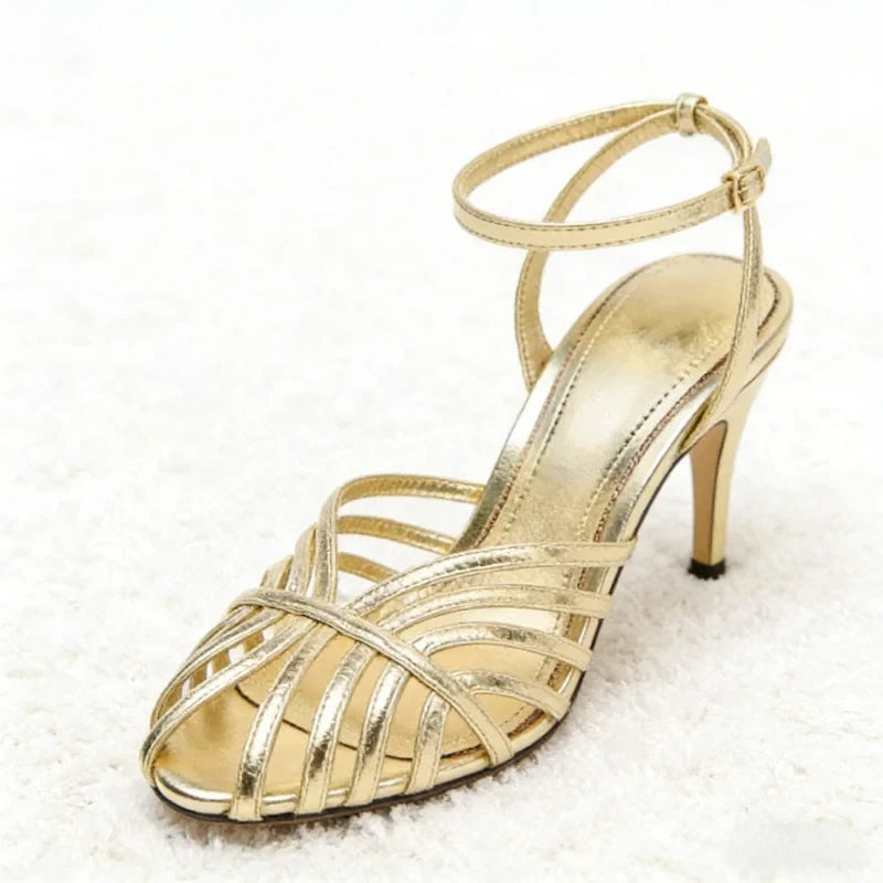 Gold Hollow Narrow Band High-Heel Sandals