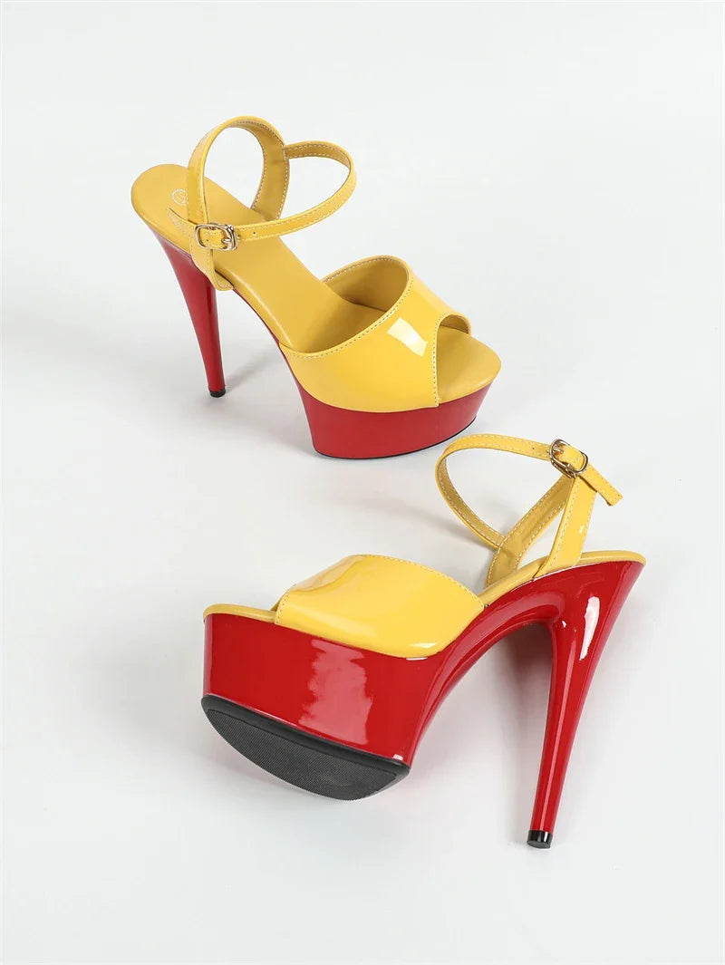 Yellow Red Women Buckle Strap Platform Sandals