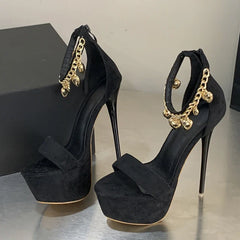 Design Bell Chain Ankle Zip Cover Strap Women Sexy 16CM Sandal Platform High Heels Party Club Stripper Shoes Black
