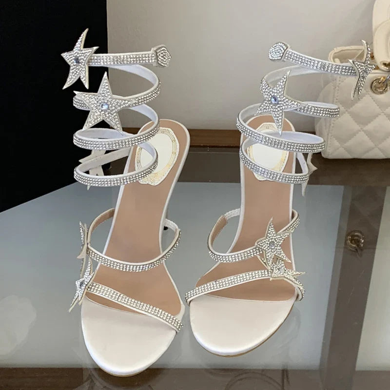 Rhinestone Pentagram Shape Ankle Strap Sandals