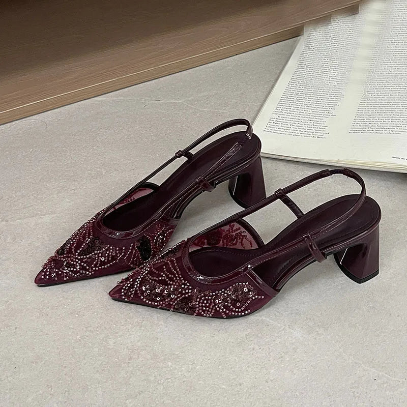 Sequin String Bead Embellished Heels