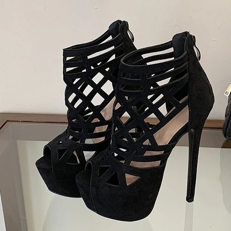 Rome Style Hollow Out Narrow Band Peep Toe Platform High Heels Sexy Party Culb Stripper Shoes Pumps