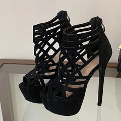 Rome Style Hollow Out Narrow Band Peep Toe Platform High Heels Sexy Party Culb Stripper Shoes Pumps