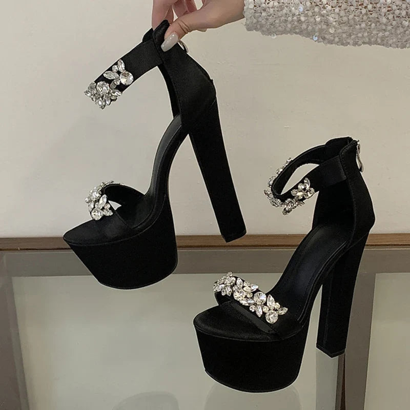 Runway Style Black High Heels Chunky Platform Sandal Women Crystal Diamond Ankle Strap Zip Banquet Party Prom Shoe