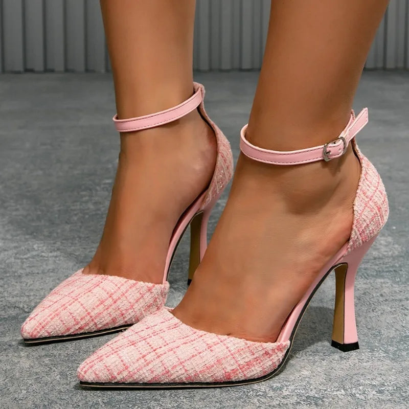 Sweet Pink Pointed Toe Costume Tweed High Heels