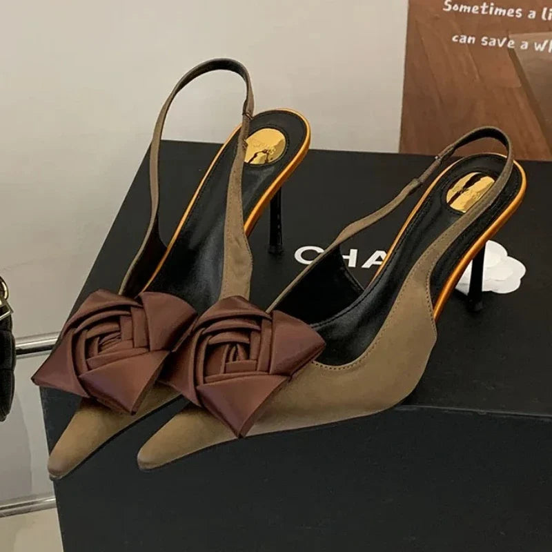 Elegant Satin Flower Decoration Slingback Heels