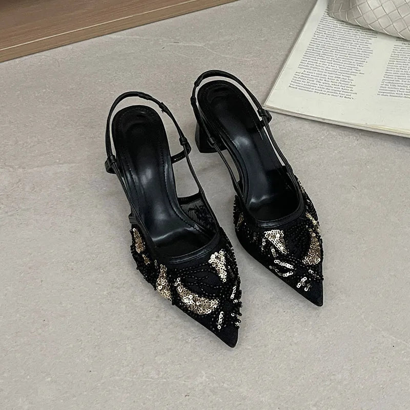 Sequin String Bead Embellished Heels