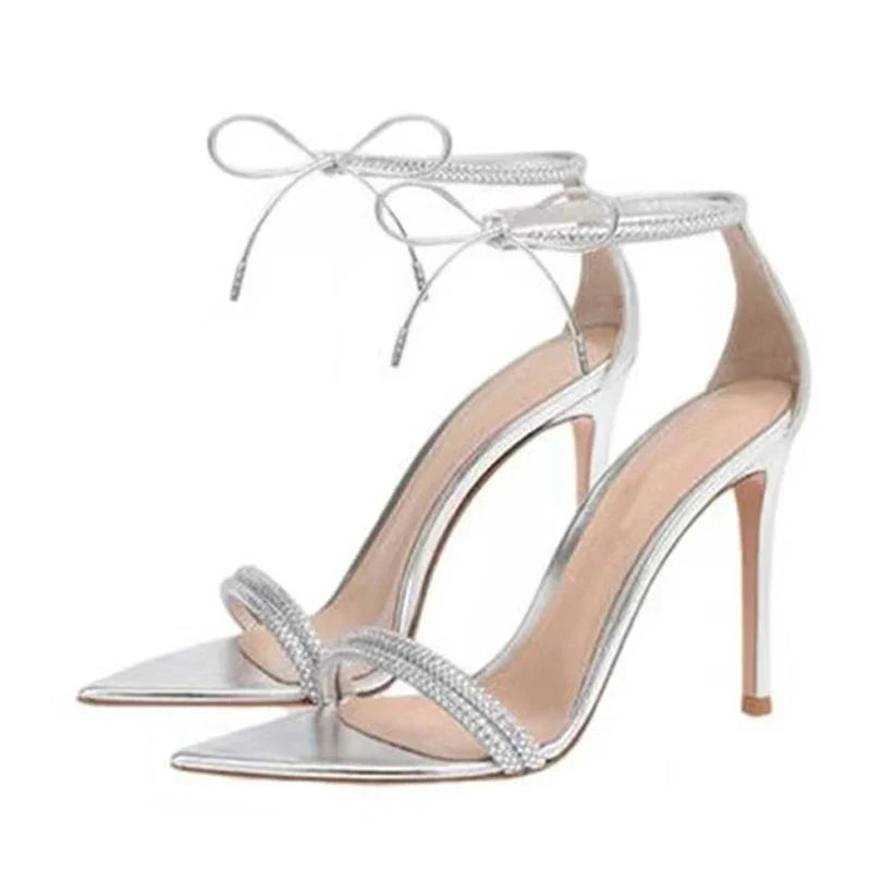 Sexy Rhinestone Ankle Strap Lace Up Women 8CM Stiletto Sandals