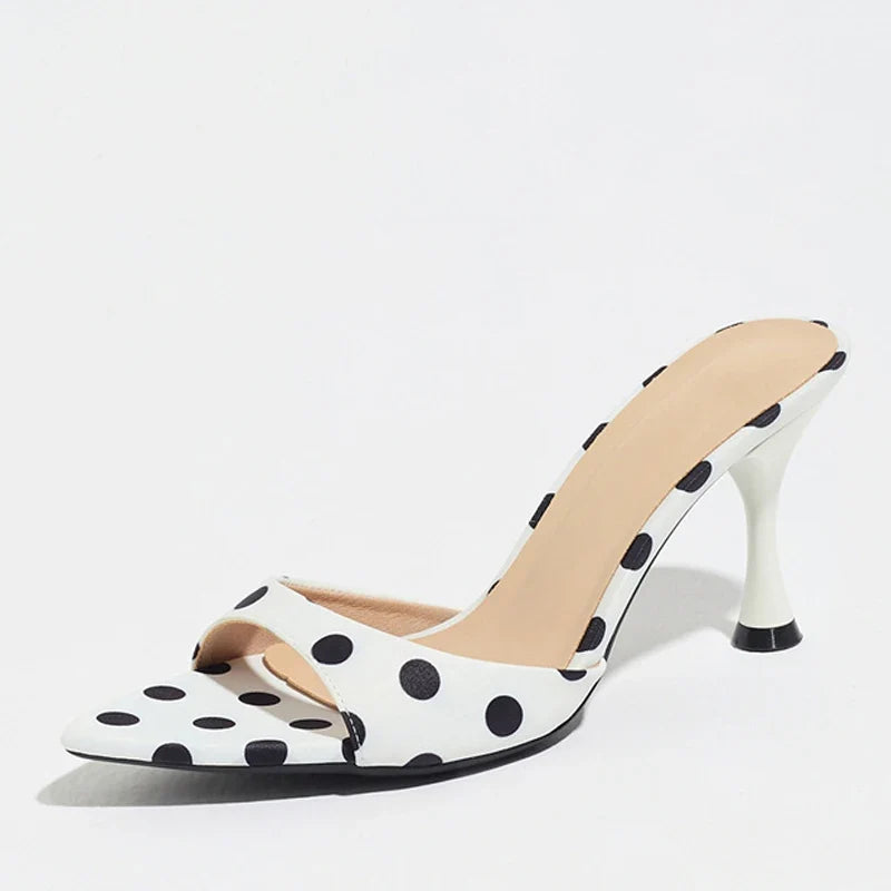 Bohemian Style Polka Dot Silk Pointed Toe Low Thin Heels Slippers