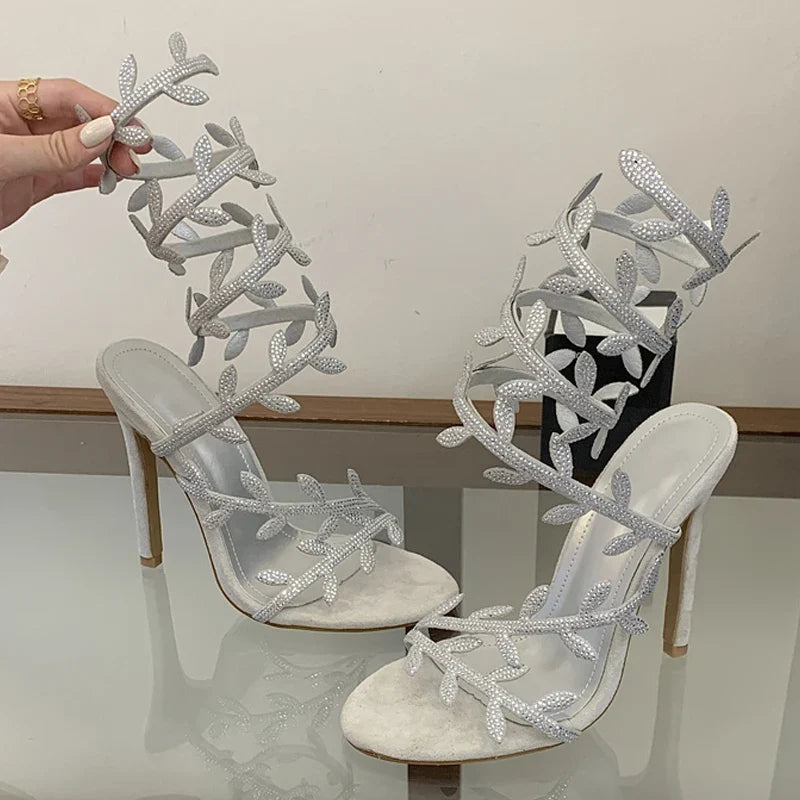 Summer Crystal Leaf Ankle Snake Twine Around Strap Sandals
