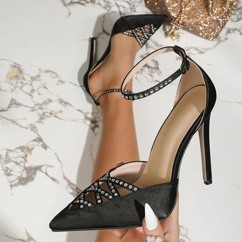 Designer Hollow Crystal Pointed Toe Black High Heels Sandals
