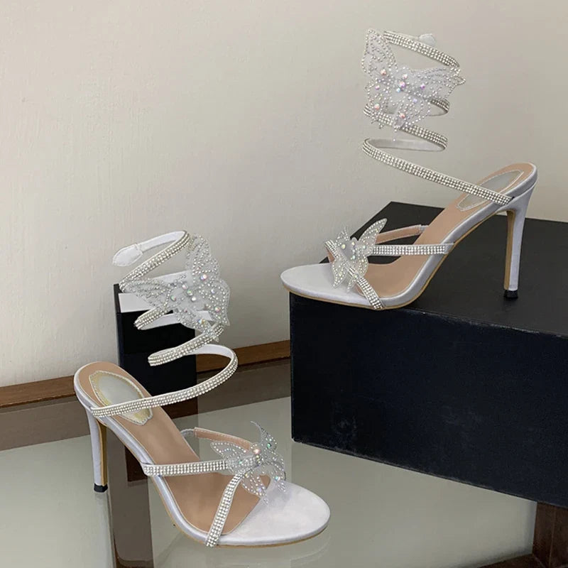 Big Crystal Butterfly Snake Shaped Winding Belt High Feeled Sandals